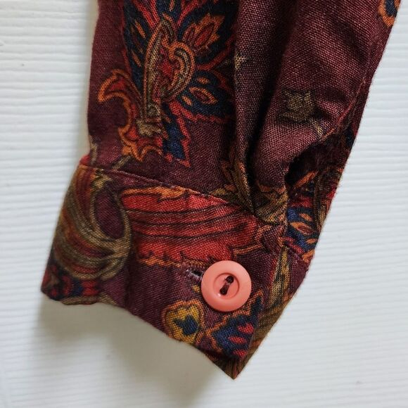 Toffs Top Womens 8 Burgandy Floral Long Sleeve Peter Pan Collar Button Vintage - Picture 7 of 10